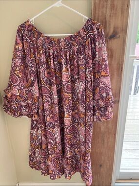 Boho Off-Shoulder Paisley Tunic Dress in Mauve, Purple & Orange